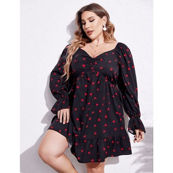 ❤ Plus Size Valentine’s Day Sweetheart Long Sleeve Heart Print Black Dress NWT - Picture 3 of 16